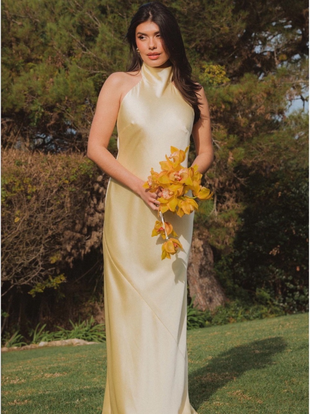 Show Me Your Mumu Lisa Pale Yellow Luxe Satin Halter Maxi Dress